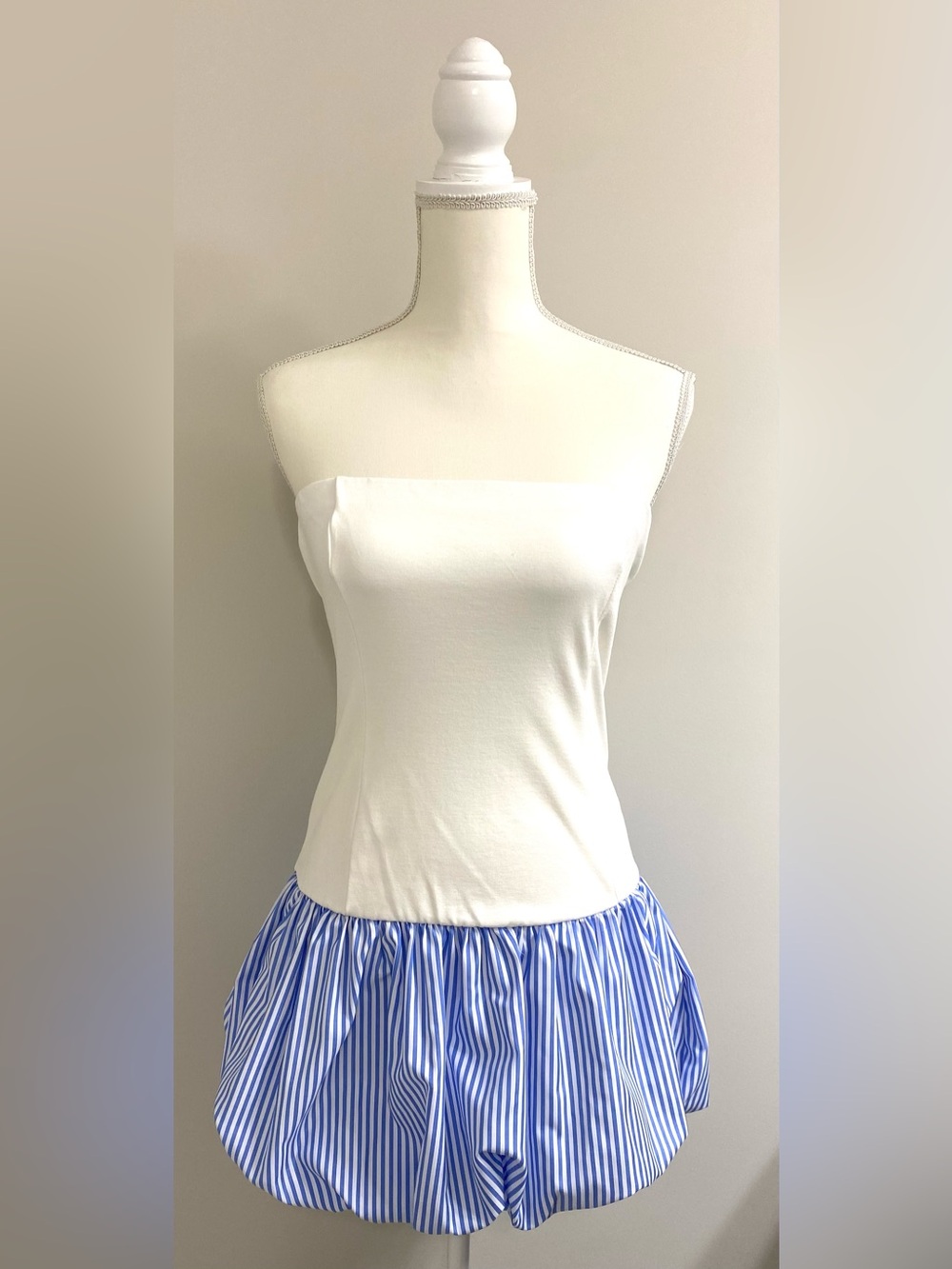 Kali Fashion Women M Strapless Blue White Stripe Bubble Dress Boho Fall Preppy